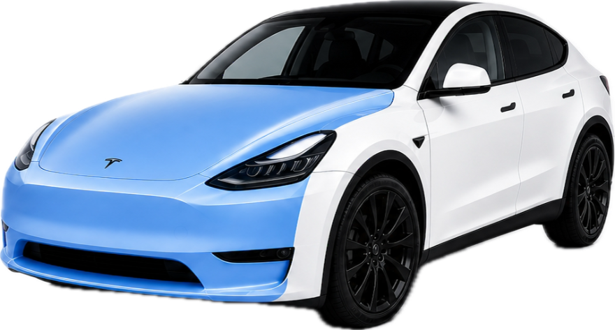Tesla Model Y med PPF på panser, frontfanger og frontlykter markert i blått
