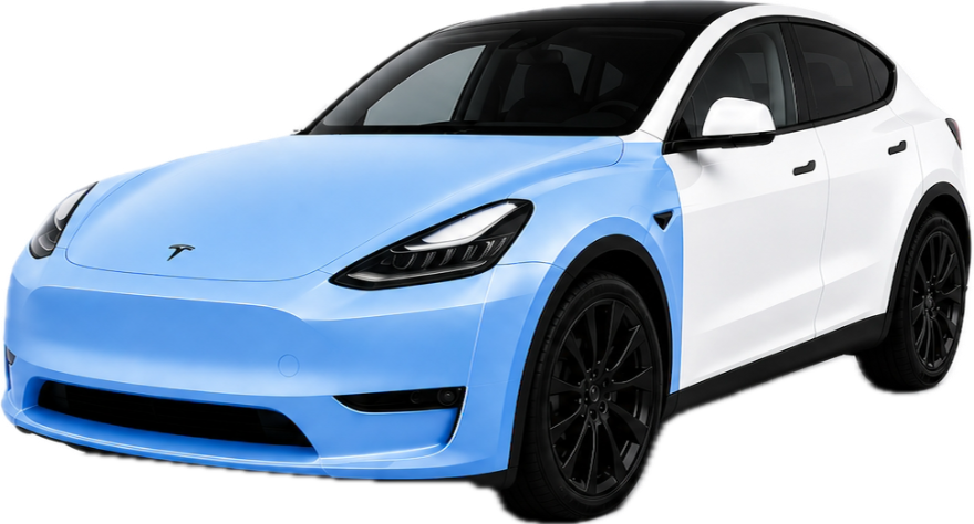 Tesla Model Y med PPF på hele fronten, panser, fremskjermer, støtfanger og frontlykter markert i blått