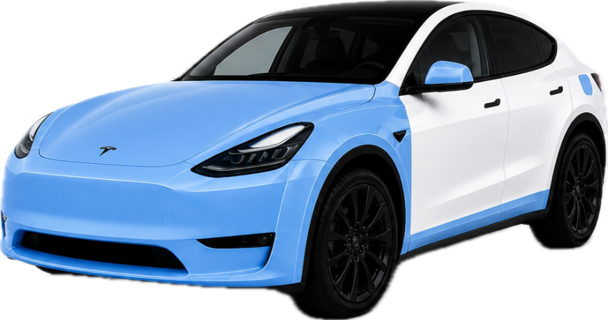 Tesla Model Y med Ultimate frontpakke, panser, fremskjermer, speilkåper, ladeluke og innsteg markert i blått